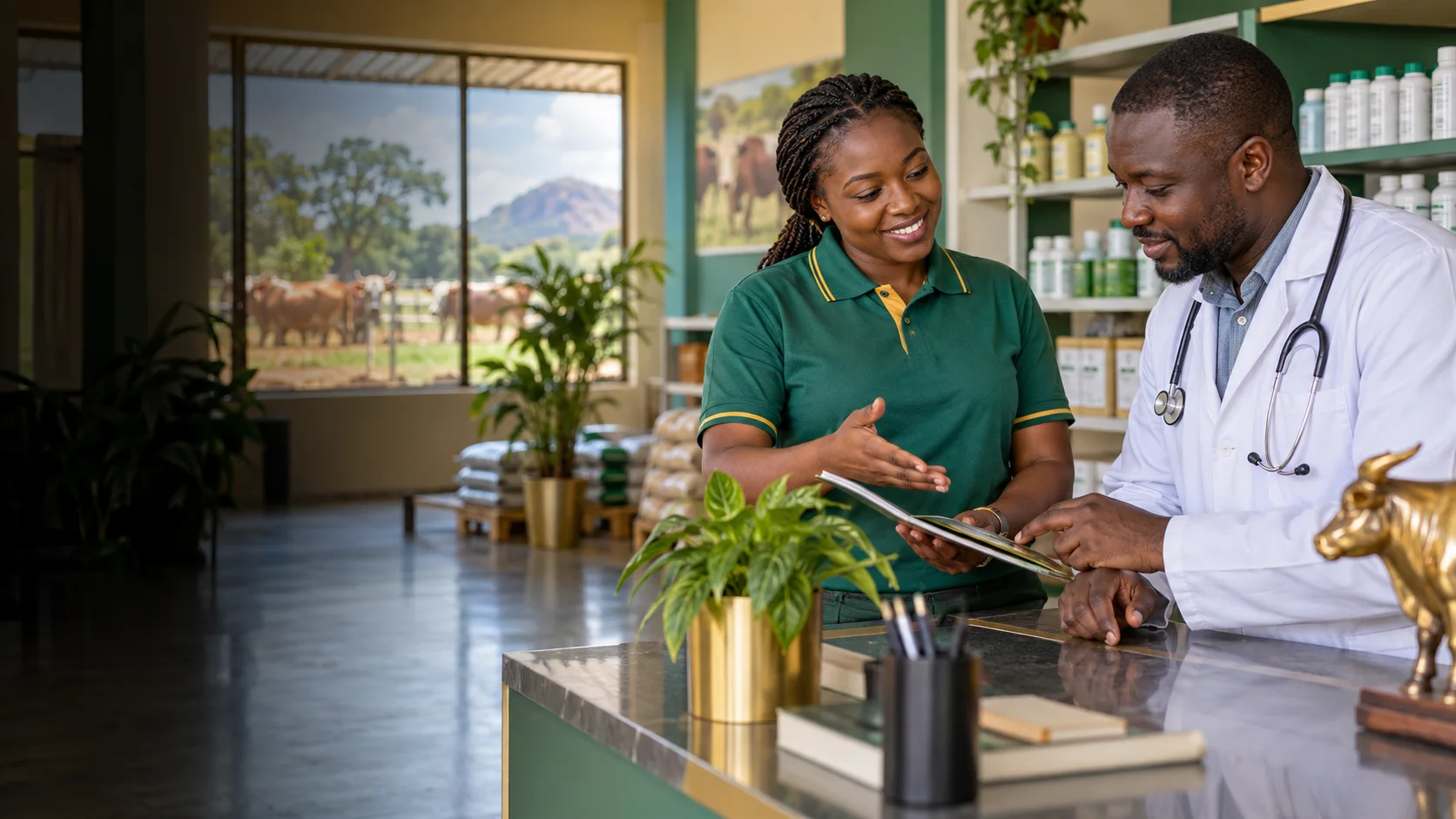Une conseillère CAPHAVET échange avec un vétérinaire dans un espace de conseil au Cameroun