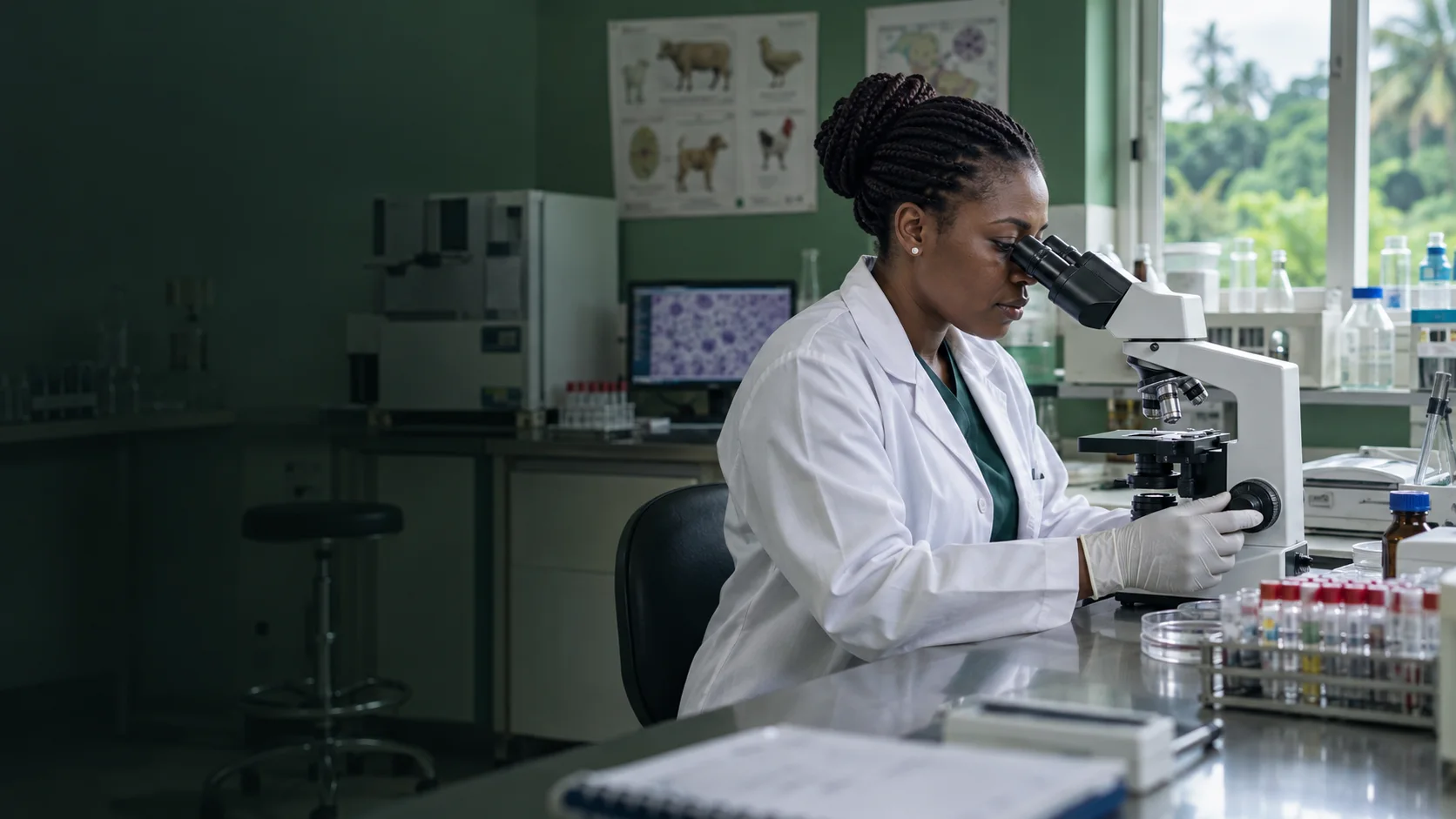 Illustration d’une professionnelle examinant un échantillon dans un laboratoire vétérinaire